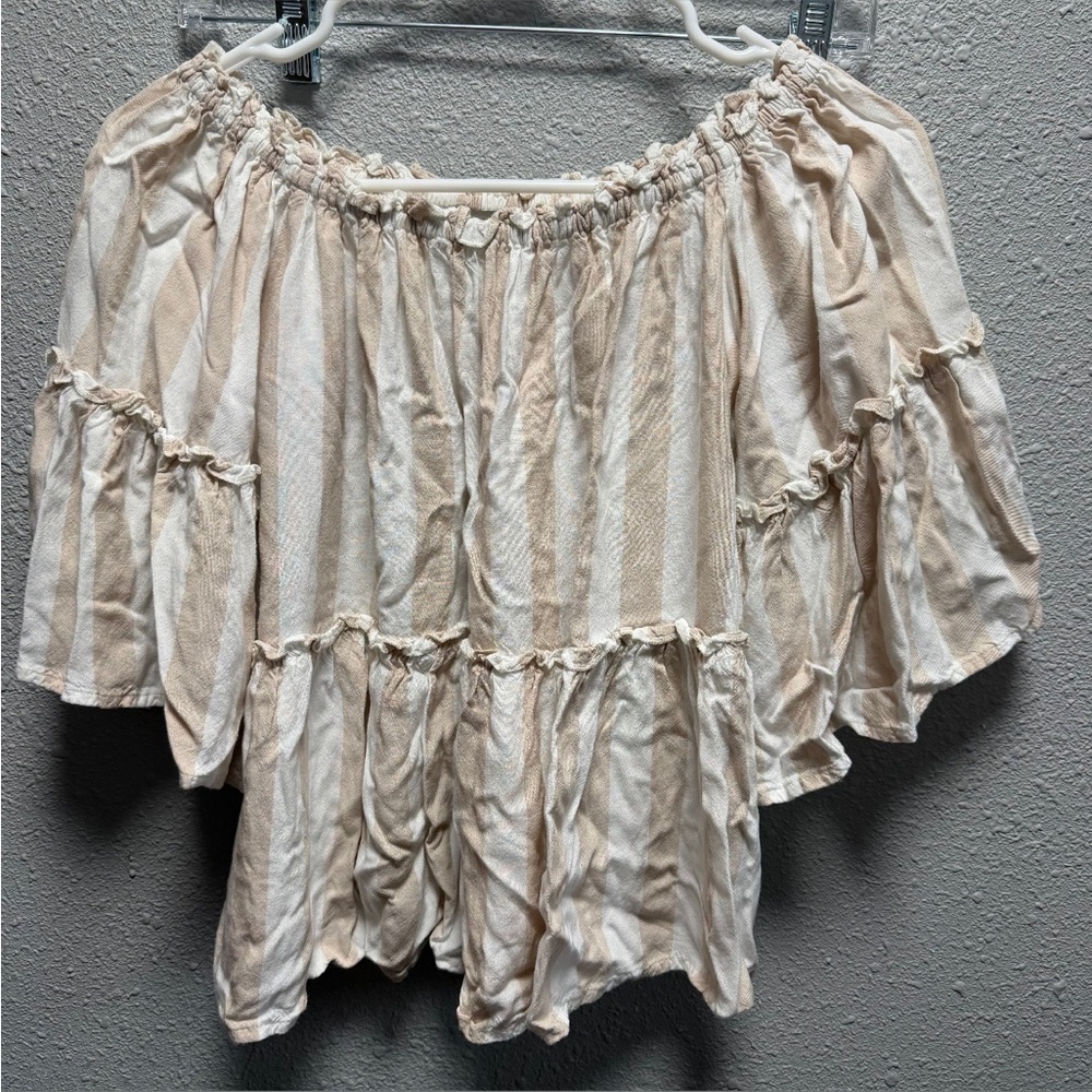 American Eagle Outfitters Beige Striped Off-Shoulder Blouse